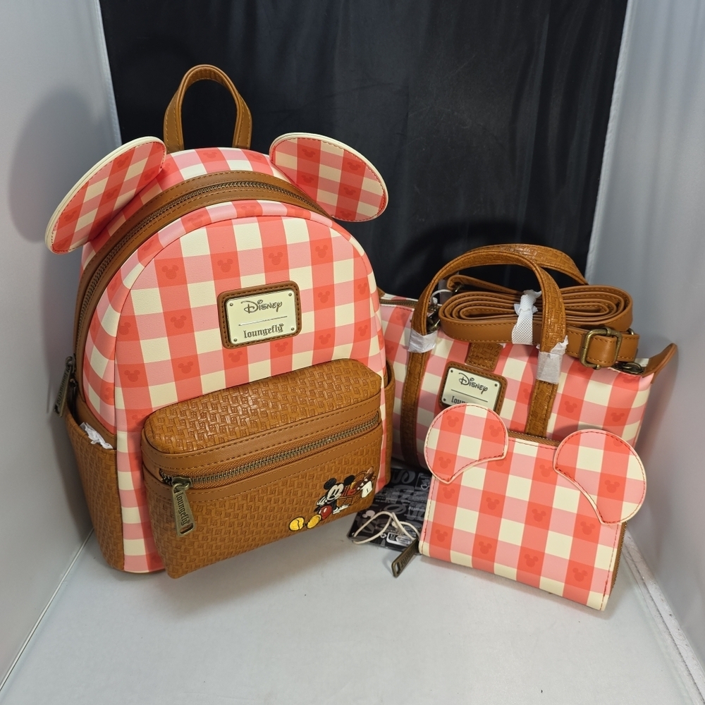 Loungefly Mickey Mouse Picnic Ears Backpack, Crossbody Bag & Wallet Set NWT